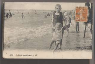 BATHING BABY Children on the beach Antique Postcard  