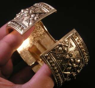 Turkish Style Gold Pewter Flower Hinged Bangle Bracelet  