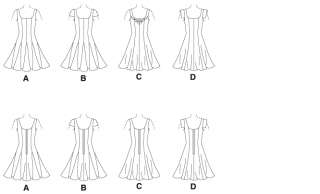 Partially lined, flared dresses A, B, C, D have princess seams, back 