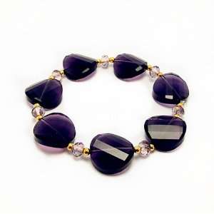 Genuine Faceted Amethyst Crystal Stretch Bracelet; Gold Metal Beads 