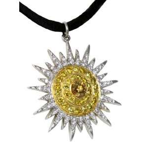  18k Two Tone White and Yellow Diamond Sun Pendant Jewelry