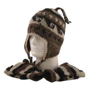   Knit Earflaps Beanie Ski Wool Fleeced Hat & Glove Set 