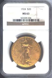 1924 Saint Gaudens $20 Gold Double Eagle Coin NGC MS63   New Edge View 