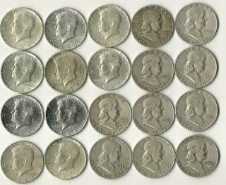   Total10 1964 Kennedy and 10 Franklin 90% Silver Half Dollars  
