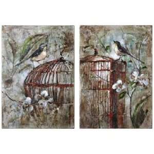  Uttermost Set of 2 Hand Painted Caged Birds Wall Art