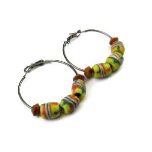African Sand Cast Bead Hoop Earrings Accented with Bicone Wood Beads