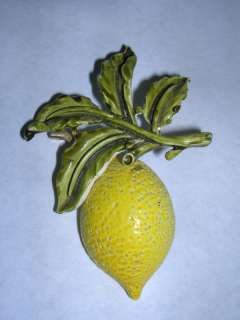 Vintage Coro Enamel Yellow Lemon w/ Green Leaves Pin  