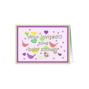  Baby Shower Invitation, birds hearts and flowers,purple 