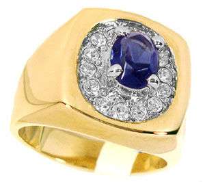 Mens Simulated Sapphire Blue St. 18kt GP Two Tone Ring  