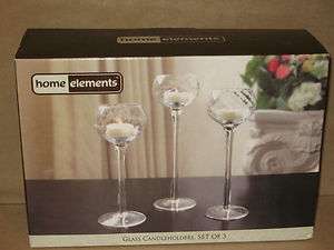 HOME ELEMENTS GLASS CANDLEHOLDERS SET OF 3 W/BOX  