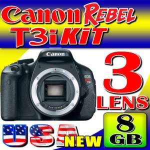 Canon EOS Rebel T3i SLR Body 600D & 3 Lens 8GB Saver Bundle   New USA 