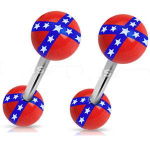   Pc Rebel Flag W/ Surgical Steel Barbell Tongue Rings, 14g 5/8  