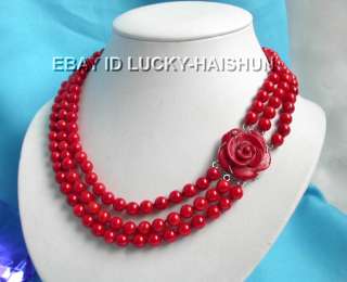 Elegant 3row round red coral necklace  