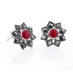  Stud Earrings with Marcasite and Red Coral in Sterling Silver Jewelry
