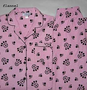 Womens Winter Flannel Pajamas Dog Cat Paw Print Peace Sign Size S M L 