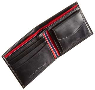 NEW TOMMY HILFIGER BLACK LEATHER BIFOLD PASSCASE COIN POCKET WALLET 