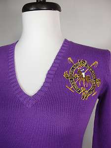   Lauren Sport V neck Sweater Jumper Equestrian Big Pony Cotton Purple