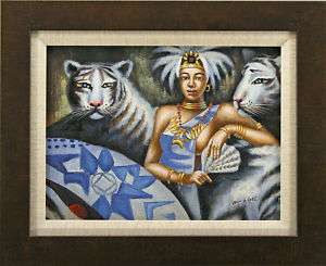   African Princess Tigers Pets Ethnic Art FRAMED OIL PAINTING  