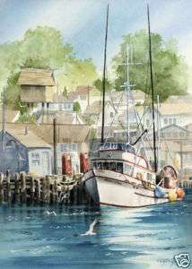 FISHING BOAT Marine Painting Art ACEO Print Signed DJR  