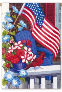 Flags, Flowers, Cardinal, Chair on Porch Patriotic Garden Flag  