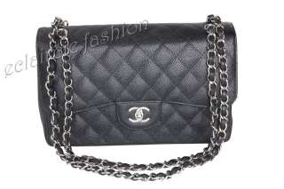   Classic Black Caviar Leather Silver Chain Flap Bag Handbag NEW  
