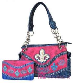   Embroidery Fleur de lis Stud Tote Bag Purse Handbag Wallet SET Pink