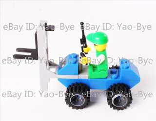 green freight car train with small forklift sets, building toys 