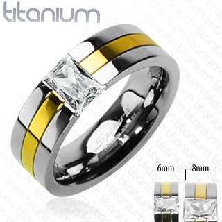 Solid titanium mens ring with Gold Plated and CZ Stone engagement 