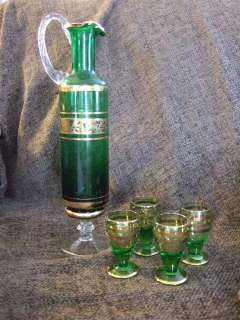 Mid Century 5 Piece Romanian Green Glass Decanter Set  