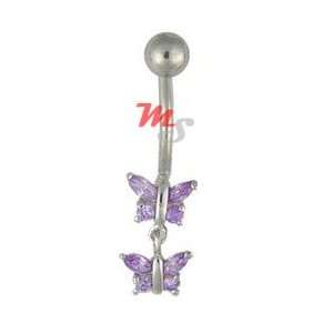  Double Dangle Jeweled Butterfly Navel Belly Ring VIOLET 