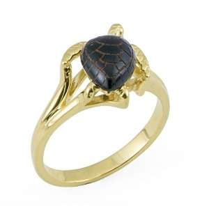  Turtle Ring with Black Coral in 14K Yellow Gold   Small 