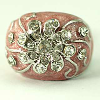   White GP Enamel Pink Flower Gemstone Zircon Inlay Sphere Ring  