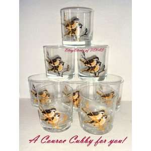   Couroc Gold Embellished Detail Quail Set of Eight HIghball Glasses Ice