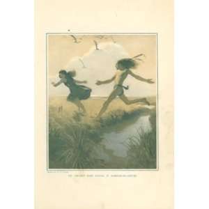   1911 N C Wyeth Print Indian Children Running Playing 