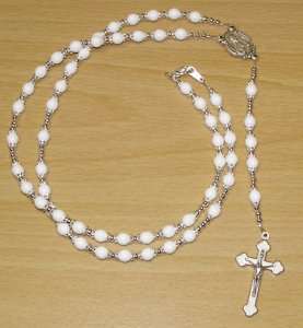 SUMMERTIME White & Silver Glass Mens Rosary Necklace  