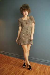 Vintage 90s M brown polkadot print pleats pleated babydoll mini dress 
