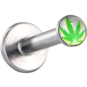   Surgical Steel White and Green Ganga Leaf Logo Push In Labret Jewelry
