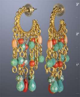 Rachel Reinhardt coral and turquoise beaded fringe hoop earrings 