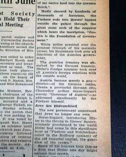 1938 Newspaper ADOLPH HITLER Austria Takeover ANSCHLUSS Annexation 