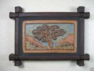 arts & crafts torrey pine tree tile in iron frame  