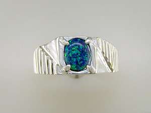Mens Created Blue Green Opal Ribbed Ring Sterling Silver Sz 12  