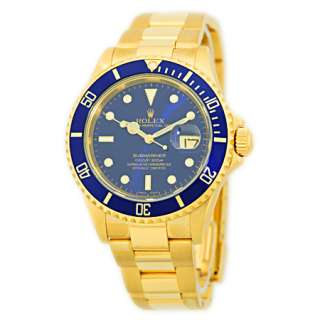 ROLEX 18K Yellow Gold Submariner Date # 16618 Blue Dial Lifetime 