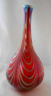   signed Charles Lotton art glass vase, ruby swirl iridescent vase