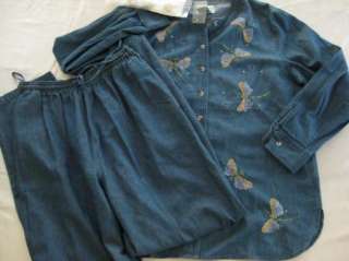 Quacker Factory dragonfly jean blouse pants medium new  
