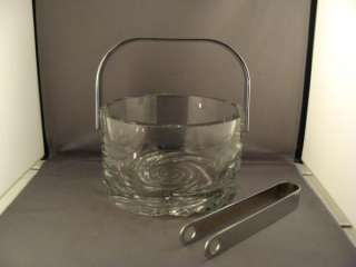 ORREFORS CRYSTAL AND CHROME ICE BUCKET AND TONGS  