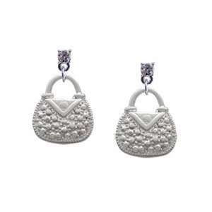 Silver Purse with Faux Stone Clear Swarovski Post Charm Earrings