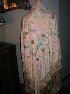 Exquisite Antique 1920 30s Hand Embroidery Silk Shawl~Piano Scarf 
