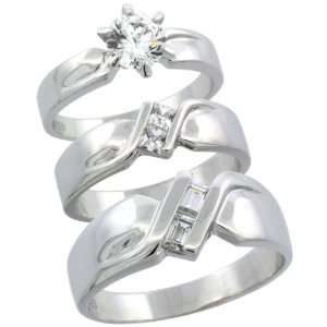 Sterling Silver 3 Piece His 8.5 mm & Hers 6 mm Trio Wedding Ring Set 