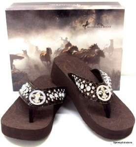 Brown Fleur Bling Western Rhinestone Flip Flop Sandals  