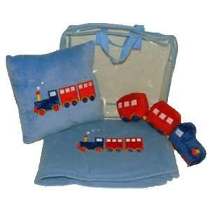  Train Embroidered Plush Blanket Pillow Toy 3 Piece Boys 